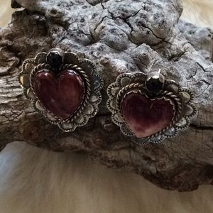 Vintage heart rhodonite & onyx earrings
